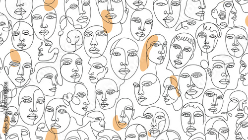 Intricate pattern of diverse human faces drawn with continuous line art and abstract shapes on a minimal white background for art projects.