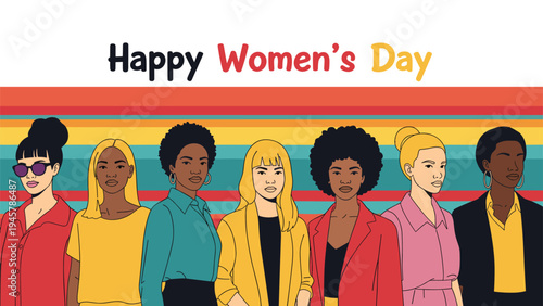 Group of diverse and empowered women of different ethnicities standing together under the banner Happy Women's Day on a colorful background.