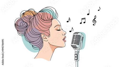 Profile illustration of a woman singing passionately into a classic vintage microphone with musical notes floating in the air around her.