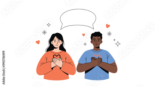 Man and woman of different ethnicities standing side by side with hands over their hearts and a blank speech bubble above for your message.