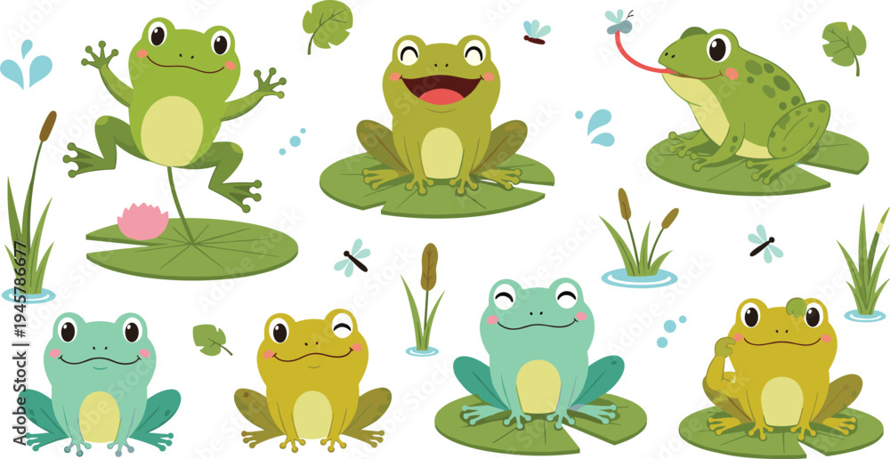 Fototapeta premium Cute Frog Character Collection with Cartoon Frogs Sitting and Jumping on Lily Pads with Pond Plants, Dragonflies, and Nature Elements Vector Illustration Set