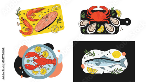 Four different gourmet seafood platters including shrimp, salmon, crab, oysters, lobster, and whole fish garnished with fresh lemons.