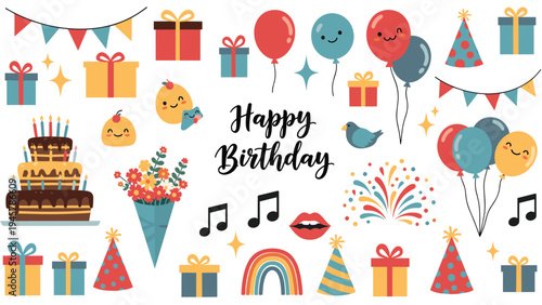 Celebration elements including birthday cake, balloons, gifts, and festive decorations are arranged for a happy birthday theme.