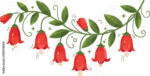 Red Bell Flower Branch Cartoon Vector Illustration with Blooming Garden Flowers, Green Leaves, and Decorative Botanical Floral Design