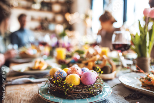 Happy family having Easter dinner together, table setting with traditional food, colorful eggs and spring flowers for Easter celebration	
