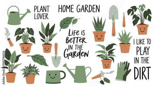 Extensive collection of potted plants and gardening tools like shovels, gloves, and watering cans for home garden and plant lover themes.