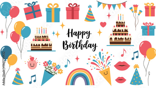 Large set of colorful birthday celebration elements like cakes, balloons, and gifts under a festive happy birthday banner for parties.