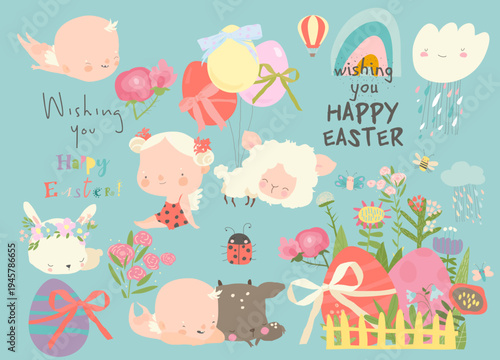 Cartoon Easter Set With Little Cartoon Angels, Ester Eggs and Flowers