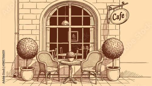 Charming vintage sketch of a street cafe entrance features outdoor seating with wicker chairs and a small table under a large window.