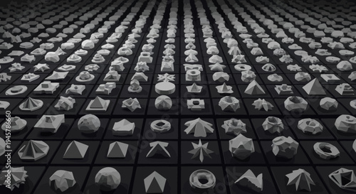 Abstract Geometric Shapes Arrayed on a Grid in Monochrome Style