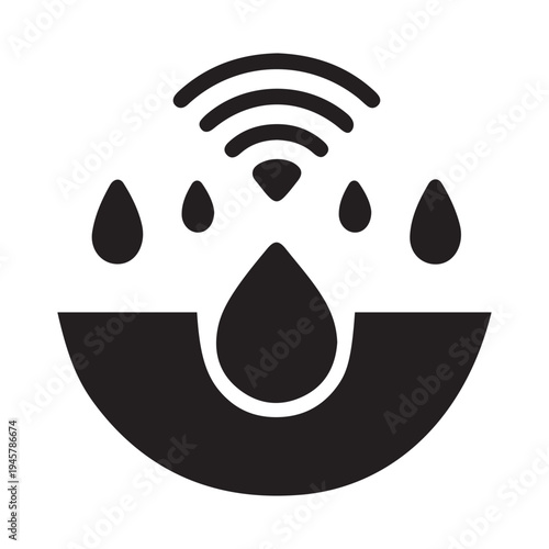 Icon of a water droplet with wi-fi signal waves, representing smart water, irrigation, or environmental monitoring