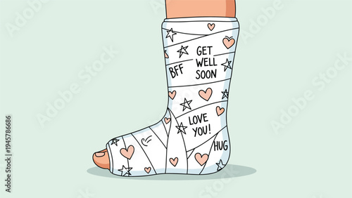 Sweet get well soon message is written on a white medical leg cast decorated with doodles of hearts, stars, and friendly notes.