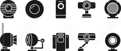 Collection of Webcam and Digital Camera Vector Icons in Black Solid Style for Video Conferencing Online Meetings Security and Hardware Design