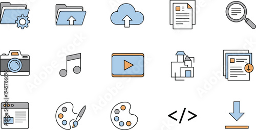 Multimedia and digital content management icon set with cloud upload, file folder, camera, music, video player, design tools and coding symbols vector