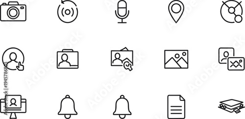 Multimedia and user interface outline icon set with camera, microphone, location pin, profile avatar, gallery images, notification bell and document file symbols