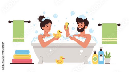 Happy young couple enjoys a relaxing bubble bath together in a white tub surrounded by soap suds and yellow rubber ducks.