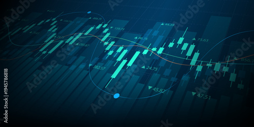 Technology financial graph with uptrend technology bar chart of stock market on blue color background