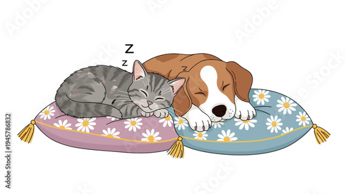 Adorable scene features a grey striped cat and a brown beagle puppy sleeping peacefully on soft floral-patterned cushions.