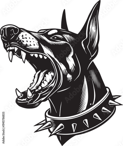 Roaring Doberman Dog Head Aggressive Guard Dog Mascot Black and White Vector Illustration