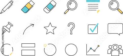 Office and user interface utility icon set with pen, eraser, magnifier search, checklist approval, chat bubble, analytics chart and team collaboration symbols