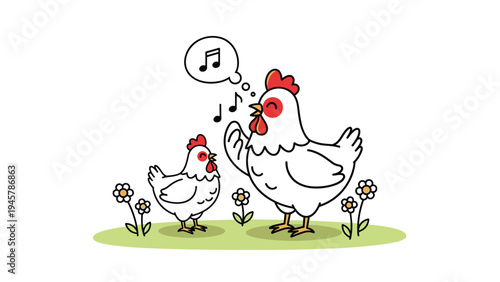 Whimsical illustration shows a mother hen and her baby chick singing together in a sunny green field filled with daisies.