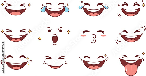 Cute Cartoon Smile and Mouth Expression Vector Set with Laughing Faces, Tongue Out, Crying Laugh Emoji, and Funny Emotion Icons