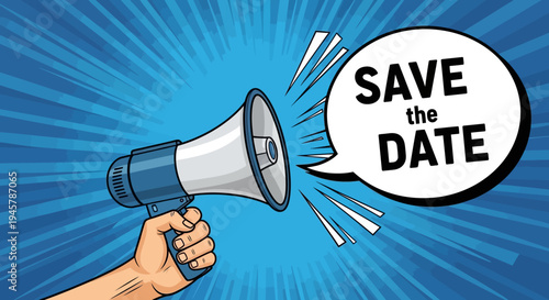 Announcement graphic: Save the Date message with a megaphone for event promotion
