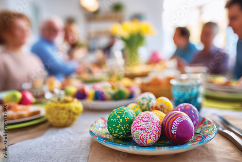 Happy family having Easter dinner together, table setting with traditional food, colorful eggs and spring flowers for Easter celebration	
