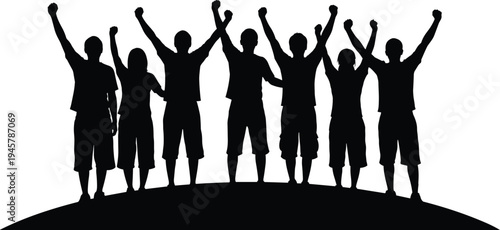Unity silhouette illustration, group celebration artwork, teamwork success figures, solidarity raised arms, collective triumph drawing, black silhouette people vector design