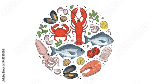 Delicious assortment of fresh seafood including lobster, crab, fish, and mussels is arranged in a circular composition.