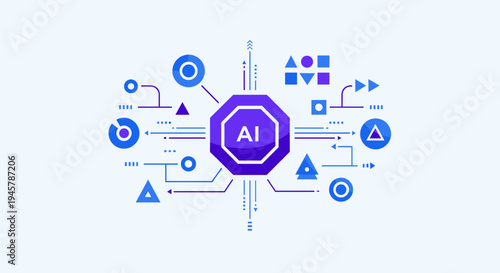 Complex AI chip with geometric data flow diagram on light blue background.