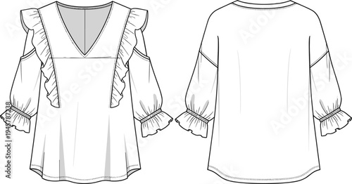Women blouse illustration, fashion technical drawing, V-neck design, ruffled detailing, cold shoulder sleeves, garment construction sketch, apparel design concept, stylish top