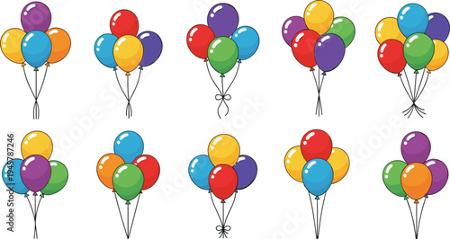 Collection of ten colorful balloon cluster illustrations with bows and strings for party celebration and festive vector design projects