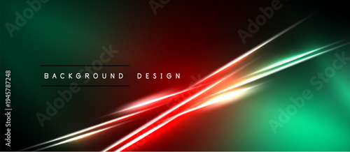 Abstract neon lines create dynamic gradient background. Red, green hues blend, forming modern visual effect. Minimalist text present.