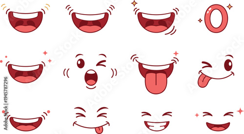 Cartoon Mouth and Smile Expression Vector Set with Funny Faces, Laughing, Tongue Out, and Cute Emotion Icons