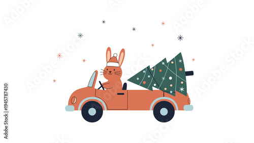 Cute brown bunny wearing a Santa hat driving an orange vintage car with a decorated Christmas tree on the back in a snowy scene.