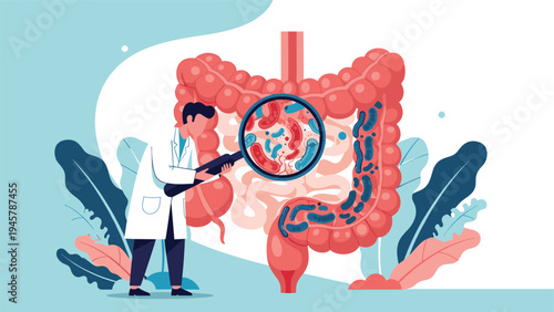 Professional doctor using a large magnifying glass to examine gut microbiota and bacteria inside human intestines for medical research.