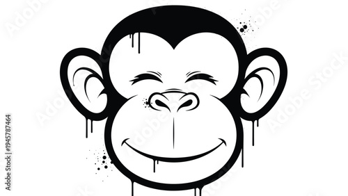 Black and white graffiti style illustration of a smiling monkey head with spray paint drips and splatters on a plain white background.
