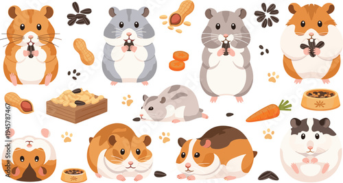 Cute Hamster Cartoon Collection with Eating Sitting and Running Poses, Adorable Pet Rodent Vector Illustration Set with Seeds Nuts and Food Bowl