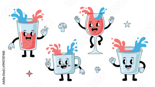 Collection of cheerful cartoon drink characters including glass, cup, wine glass and mug splashing red and blue liquid with smiling faces.
