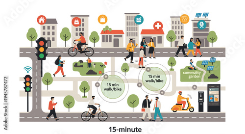 An illustrated urban landscape portrays a bustling 15-minute city concept, showcasing diverse buildings, pedestrians, and cyclists on busy streets.