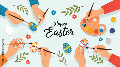 Top view of multiple hands painting colorful patterns on Easter eggs with brushes and a wooden palette on a light blue background surface.