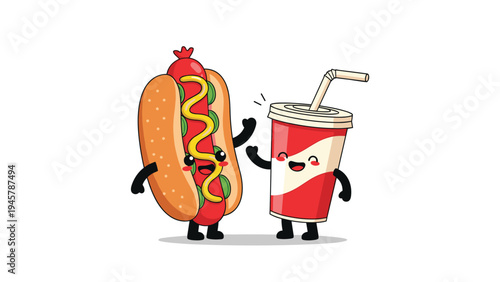 Cute cartoon characters of a hot dog and a soda cup giving a high five with smiling faces and rosy cheeks on a white background.