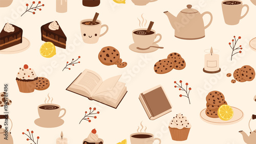 Seamless pattern featuring cozy autumn elements including chocolate cake slices cookies mugs of hot cocoa books candles and lemon slices.