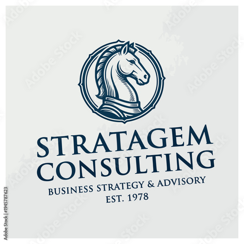 A professional logo for Stratagem Consulting, featuring a stylized knight chess piece emblem within a circular design, with text 'Business Strategy & Advisory' and 'Est. 1978'.