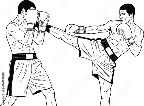 Kickboxing and Muay Thai Line Art Illustration of Two Fighters Sparring with Roundhouse Kick and Defensive Guard in Combat Sports Concept
