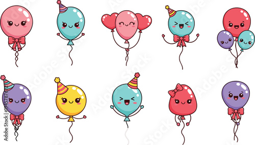 Collection of ten cartoon balloon illustrations with cute faces, party hats and bows for children’s festive vector design projects