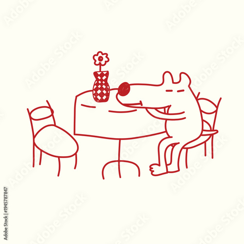 dog cartoon character at the dining table doodle illustration