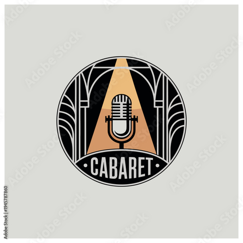 A vintage Art Deco cabaret logo featuring a classic microphone under a spotlight, framed by elegant architectural elements.