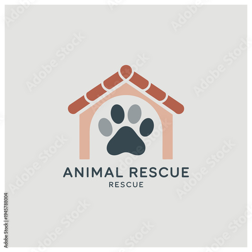 A minimalist logo for animal rescue featuring a stylized house with a paw print inside, set against a light grey background.